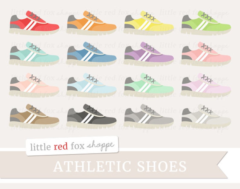 May include: Set of twelve illustrated athletic shoes in various colors, including red, orange, yellow, green, blue, purple, pink, light blue, brown, gray, and white. Each shoe has two white stripes and the text "XXX" on the side.