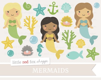 Clipart sirena, ClipArt oceano, Clipart principessa, Clipart spiaggia, Clipart vita marina, Design grafico digitale carino corallo Piccolo uso commerciale