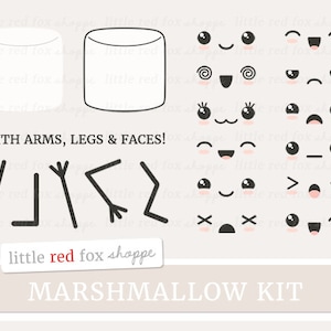 Peut inclure: Un kit de guimauve imprimable avec des illustrations en noir et blanc de guimauves, de bras, de jambes et de visages. Le texte "WITH ARMS, LEGS & FACES!" et "little red fox shoppe MARSHMALLOW KIT" est inclus.