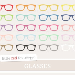May include: Set of 12 colorful glasses illustrations. Each pair of glasses is a different color, including red, orange, yellow, green, blue, purple, pink, light blue, light green, light pink, brown, and black. The glasses are all the same shape and size. The text "little red fox shoppe" and "GLASSES" is at the bottom of the image.