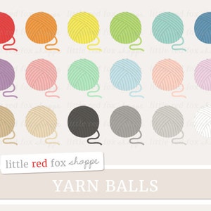 Può includere: Un set di 18 gomitoli di lana in vari colori, tra cui rosso, arancione, giallo, verde, blu, viola, rosa, beige, grigio e bianco. I gomitoli di lana sono disposti in tre file di sei. Il testo "little red fox shoppe" e "YARN BALLS" si trova nella parte inferiore dell'immagine.