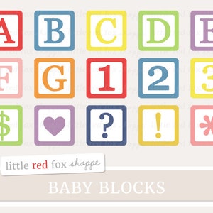 Bloques de bebé Clipart, vivero digital clip art bloque letra número alfabeto tarjetas papelería lindo diseño gráfico digital pequeño uso comercial