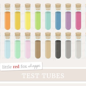 May include: Set of 20 colorful test tubes with cork tops. The test tubes are filled with different colored liquids. The test tubes are arranged in two rows of ten. The text "little red fox shoppe" and "TEST TUBES" are at the bottom of the image.