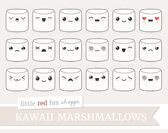 Kawaii Marshmallow Clipart, Kawaii Clip Art Expression Happy Sad Cute Face Eyes Dessert Set Icon Digital Graphic Design Small Commercial Use