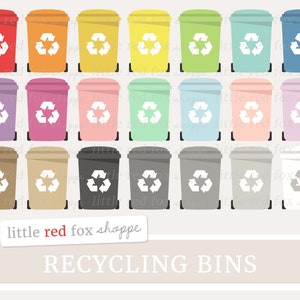 Könnte beinhalten: Satz von 24 bunten Recyclingbehältern mit einem weißen Recyclingsymbol. Die Behälter sind in verschiedenen Farben, darunter Rot, Orange, Gelb, Grün, Blau, Lila, Rosa, Braun, Beige, Grau und Weiß.