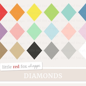 Pode incluir: Um conjunto de 16 designs de papel digital em forma de diamante em várias cores, incluindo vermelho, laranja, amarelo, verde, azul, roxo, rosa, marrom, preto, cinza e branco. O texto "little red fox shoppe" e "DIAMONDS" está na parte inferior da imagem.