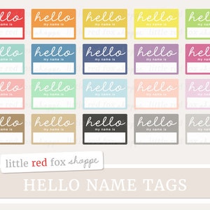 May include: Twenty-five colorful name tags with the text "hello" and "my name is" in white. The name tags are in various colors, including red, orange, yellow, green, blue, purple, pink, brown, gray, and black.