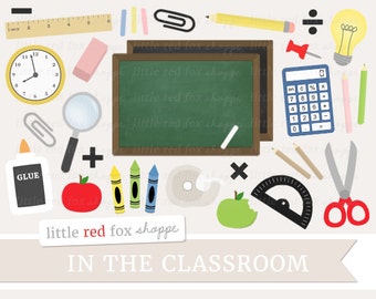 Classroom Clipart, School Supplies Clip Art Chalkboard Scissors Pencil Glue Apple Teacher Cute Digital Graphic Design Small Commercial Use