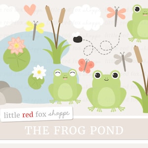 May include: A set of digital illustrations featuring frogs, lily pads, dragonflies, butterflies, and cattails. The illustrations are in a cartoon style and are perfect for use in scrapbooking, card making, or other craft projects. The text "The Frog Pond" is included in the image.