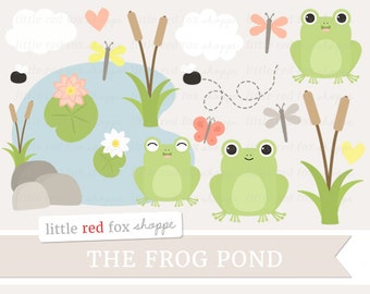 Frog Clipart, Frog Pond Clip Art Toad Butterfly Lily Pad Clouds Flower Bugs Dragonfly Cute Digital Graphic Design Small Commercial Use