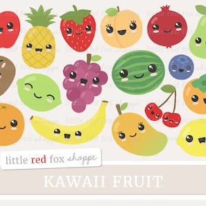 Kawaii Fruit Clipart, Kawaii Fruits Clip Art Apple Pear Orange Lemon Lime Food Grocery Cute Digital Graphic Design Small Commercial Use