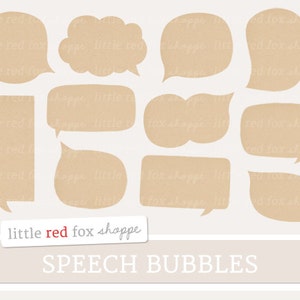Puede incluir: Conjunto de diez burbujas de diálogo marrones con un fondo de papel texturizado. Las burbujas son de varias formas y tamaños, incluyendo círculos, óvalos, rectángulos y formas irregulares. El texto "little red fox shoppe" y "SPEECH BUBBLES" está en la parte inferior de la imagen.