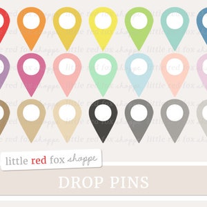May include: Set of 18 colorful map pin icons. The pins are in various colors, including red, orange, yellow, green, blue, purple, pink, brown, beige, black, and gray. The pins are all the same size and shape, and they have a white circle in the center.
