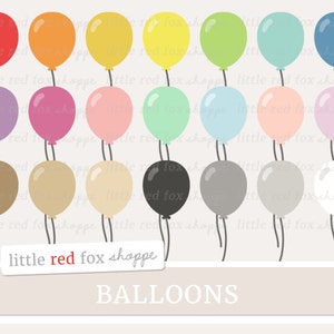 Può includere: Un set di 20 illustrazioni di palloncini colorati in varie tonalità di rosso, arancione, giallo, verde, blu, viola, marrone, grigio, nero e bianco. I palloncini sono tutti legati con dei fili e galleggiano nell'aria. Il testo "little red fox shoppe" e "BALLOONS" è in basso nell'immagine.