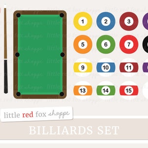 May include: A set of 15 billiard balls with numbers 1 through 15, two pool cues, and a green felt pool table. The balls are arranged in rows of four, with the white ball at the bottom right. The text "little red fox shoppe" and "BILLIARDS SET" are at the bottom of the image.