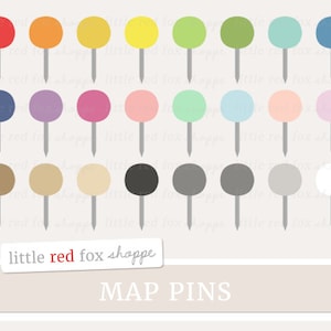 May include: A set of 30 colorful map pins in various shades of red, orange, yellow, green, blue, purple, pink, brown, gray, and white. The pins are arranged in three rows of ten. The text "little red fox shoppe" and "MAP PINS" is visible at the bottom of the image.