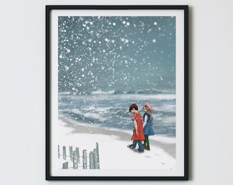 May include: Two children walk along a snowy beach with a wooden fence in the foreground. The sky is a light blue with falling snow. The ocean is a dark blue with white waves.