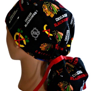 Women's Chicago Blackhawks Black Ponytail Scrub Hat, Adjustable, Handmade, in 2 Styles, w/ Optional Buttons, (128)