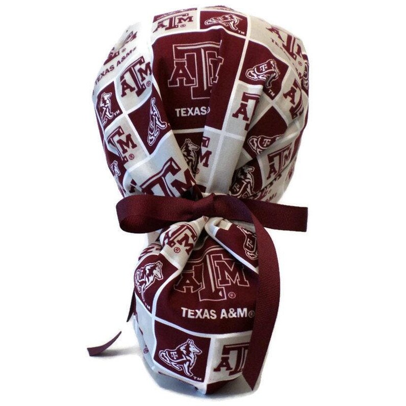 Women's Texas A&M Squares Ponytail Medical Surgical Scrub Hat Optional Satin Lining image 4