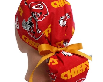 Women's Kansas City Chiefs Ponytail Medical Surgical Scrub Hat Optional Satin Lining, Optional Buttons