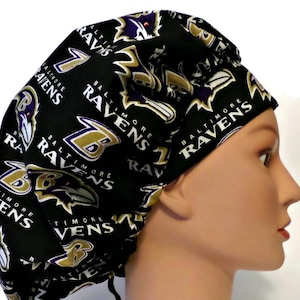 Women&#39;s Baltimore Ravens  Black Bouffant Scrub Hat, Adjustable, Handmade, w/ Elastic and Cord-Lock Toggle, Optional  Buttons,  ID # 279