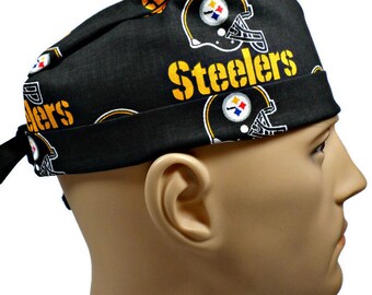 Men's Pittsburgh Steelers Black Semi-Lined Cuffed or Plain Brim  Surgical Medical  Scrub Hat