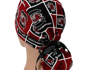 Women's South Carolina Gamecocks Squares Ponytail  Medical Surgical Scrub Hat Optional Satin Lining