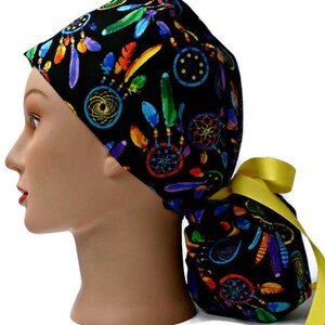 Women's Dreamcatchers Ponytail Surgical Scrub Hat, Adjustable, Handmade, in 2 Styles, w/ Optional Buttons image 2