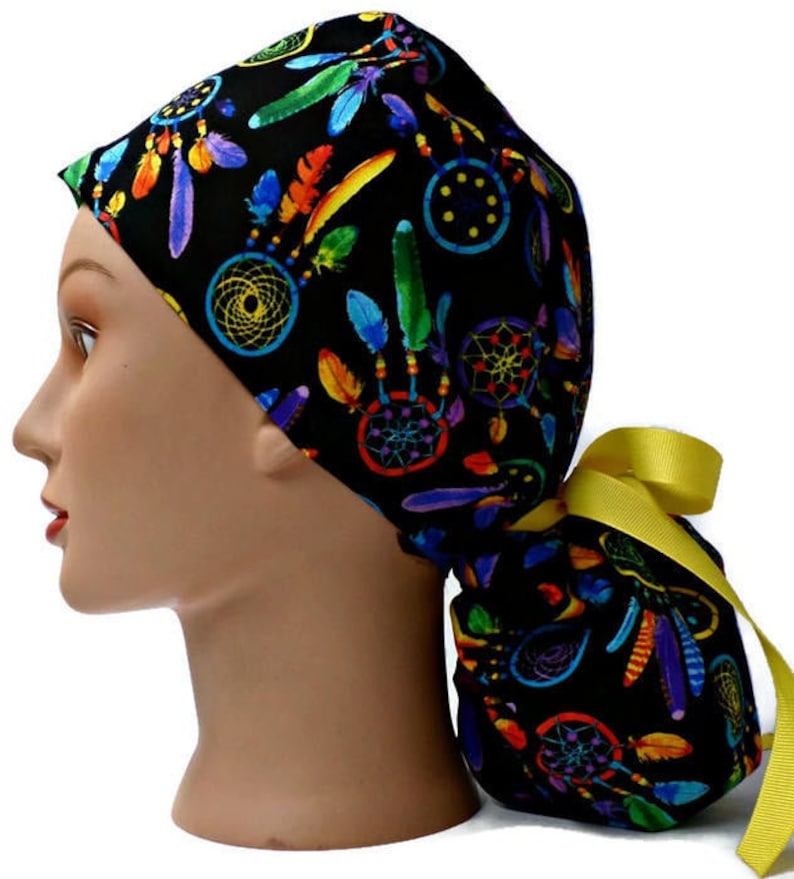 Women's Dreamcatchers Ponytail Surgical Scrub Hat, Adjustable, Handmade, in 2 Styles, w/ Optional Buttons image 2