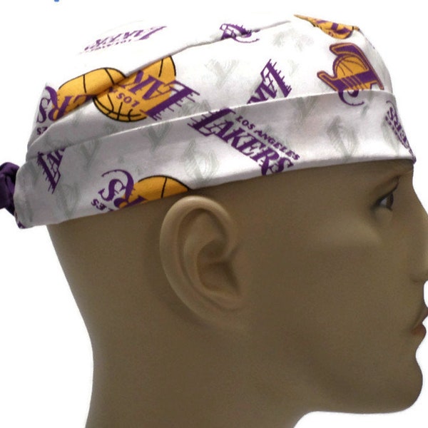 Men's Los Angeles Lakers Logo White Scrub Hat, Semi-Lined, Cuffed or Plain Brim, Handmade, Adjustable, Optional Buttons, (ID 060)