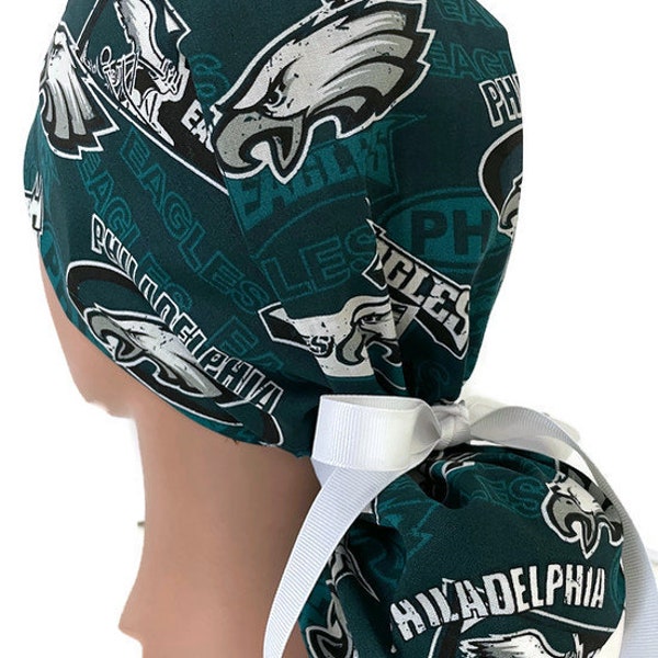 Women's Philadelphia Eagles Two Tone Ponytail Scrub Hat, Adjustable, Handmade, in 2 Styles, w/ Optional Buttons