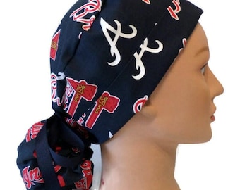 Women's Atlanta Braves  Ponytail Medical Surgical Scrub Hat Optional Satin Lining, Optional Buttons