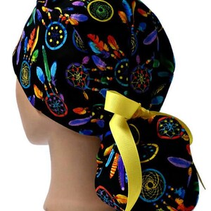 Women's Dreamcatchers Ponytail Surgical Scrub Hat, Adjustable, Handmade, in 2 Styles, w/ Optional Buttons image 1