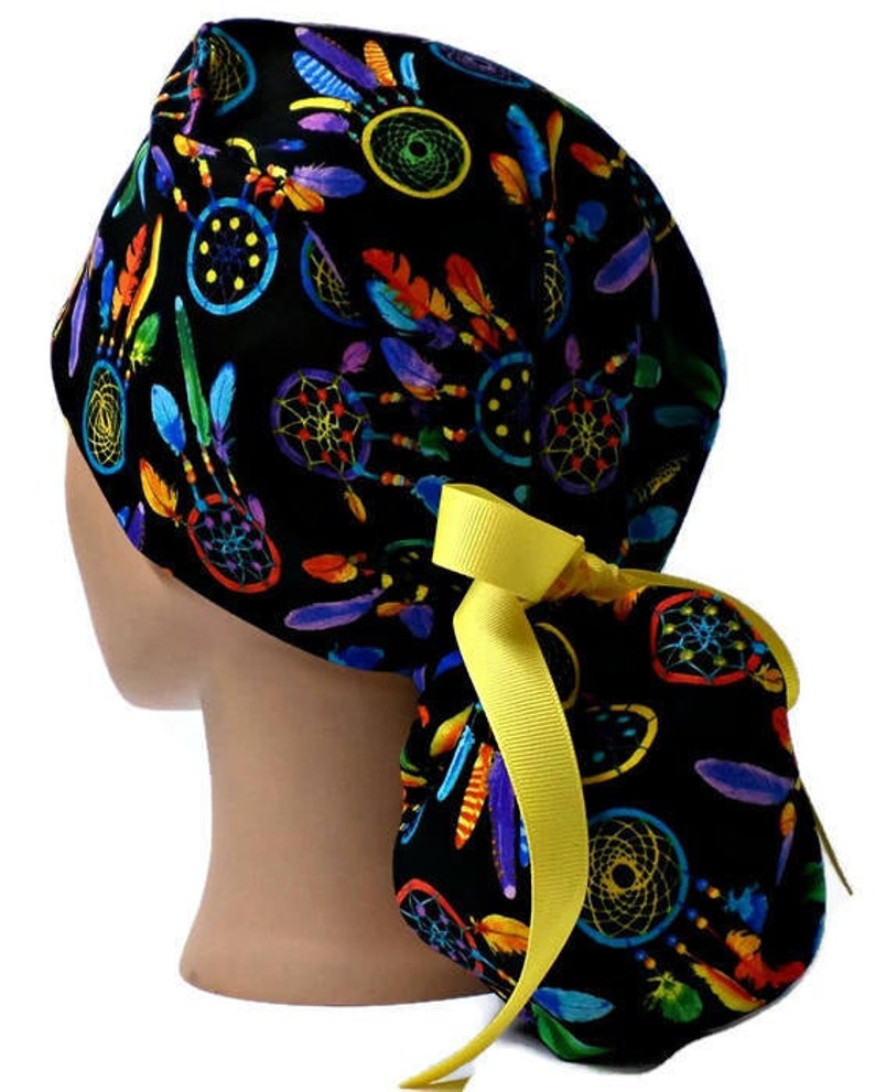 Women's Dreamcatchers Ponytail Surgical Scrub Hat, Adjustable, Handmade, in 2 Styles, w/ Optional Buttons image 1