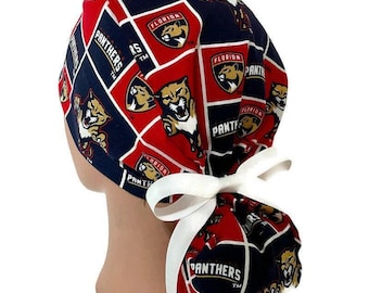 Women's Florida Panthers Ponytail  Medical Surgical Scrub Hat Optional Satin Lining, Optional Buttons