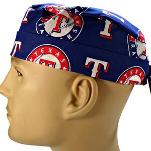 Men&#39;s Texas Rangers Mascot Scrub Hat, Semi-Lined, Cuffed or No Cuff, Handmade, Adjustable, Optional  Buttons