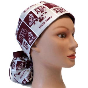 Women's Texas A&M Squares Ponytail Medical Surgical Scrub Hat Optional Satin Lining image 3