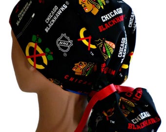 Women's Chicago Blackhawks  Black Ponytail Medical Surgical Scrub Hat Optional Satin Lining, Optional Buttons