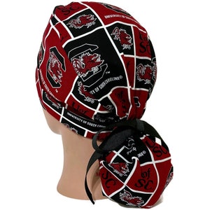 Women&#39;s South Carolina Gamecocks Squares Ponytail  Scrub Hat, Adjustable,  in 2 Styles, w/ Optional  Buttons and Satin Lining