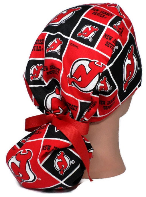 Men's New Jersey Devils Surgical Scrub Hat, Semi-Lined Fold-Up Cuffed  (shown) or No Cuff, Handmade - Crazy Caps Scrub Hats