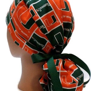 Women's Miami Hurricanes  Squares Ponytail  Medical Surgical Scrub Hat Optional Satin Lining