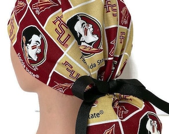 Women's Florida Seminoles  Squares Ponytail  Medical Surgical Scrub Hat Optional Satin Lining, Optional Buttons