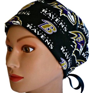 Women&#39;s Baltimore Ravens Black  Pixie Scrub Hat, Adjustable, 2 styles, with or without Mask Buttons and Satin Lining (Fold-Up Style Shown)
