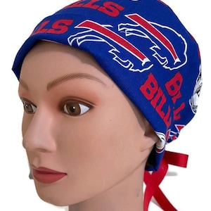 Women's Buffalo Bills  Pixie Medical Surgical Scrub Hat Optional Satin Lining, Optional Buttons