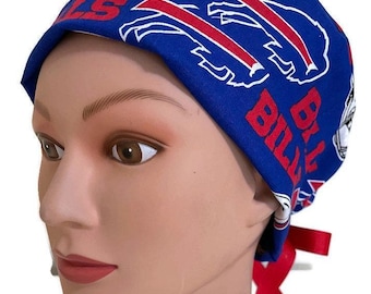 Bonnet chirurgical médical Pixie Buffalo Bills pour femme, doublure en satin en option, boutons en option