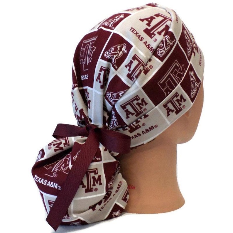 Women's Texas A&M Squares Ponytail Medical Surgical Scrub Hat Optional Satin Lining image 1