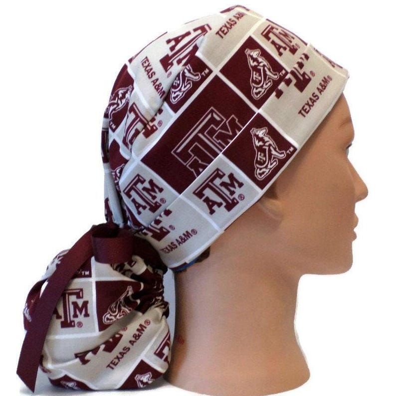 Women's Texas A&M Squares Ponytail Medical Surgical Scrub Hat Optional Satin Lining image 2
