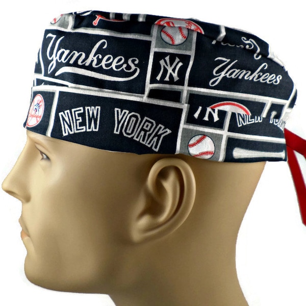 Men's New York Yankees Squares Scrub Hat, Semi-Lined, Cuffed or No Cuff, Handmade, Adjustable, Optional Buttons