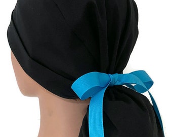 Women's Black Solid Ponytail Surgical Scrub  Hat, Adjustable, Handmade, in 2 Styles, w/ Optional Buttons