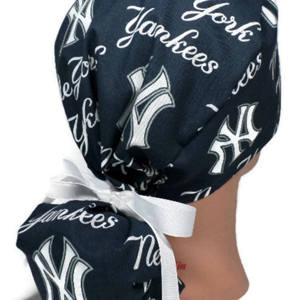 Women's New York Yankees Navy Ponytail Scrub Hat, Adjustable, Handmade, in 2 Styles, w/ Optional Buttons, (ID 048)